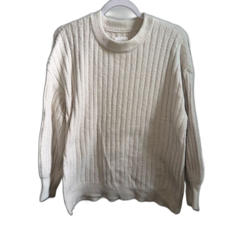 Aerie Cream Wide Ribbed Knit Oversized Crewneck Pullover Sweater Size M